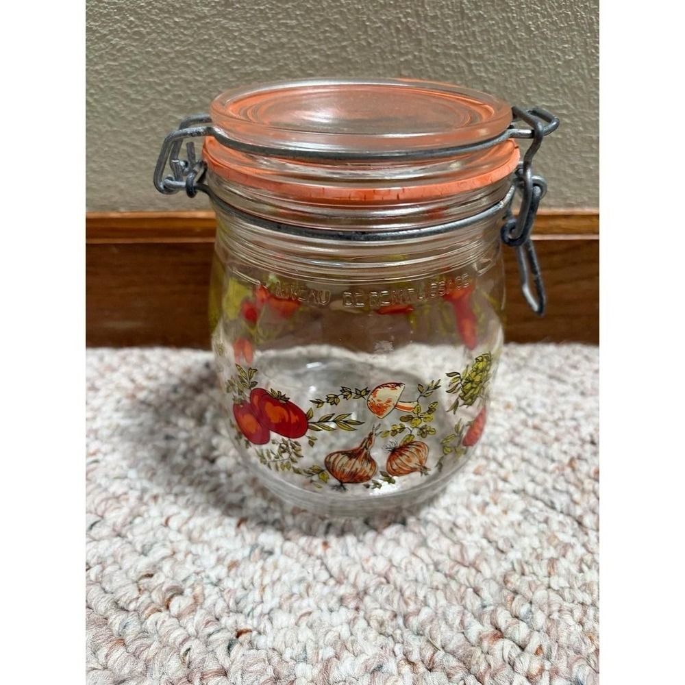 Vtg ARC France Spice Of Life Glass Jar Canister Mushroom Veggie Bail Hinged Lid